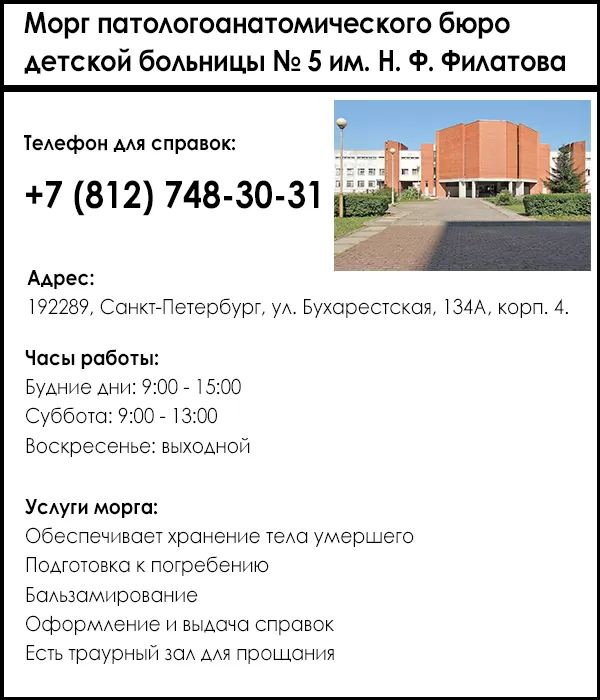 Морг патологоанатомического бюро детской больницы № 5 им. Н. Ф. Филатова
