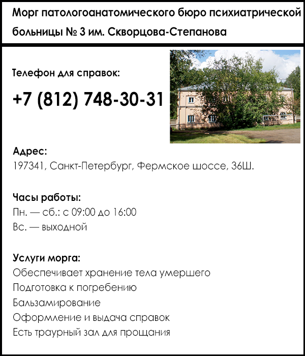 Морг патологоанатомического бюро психиатрической больницы № 3 им. Скворцова-Степанова